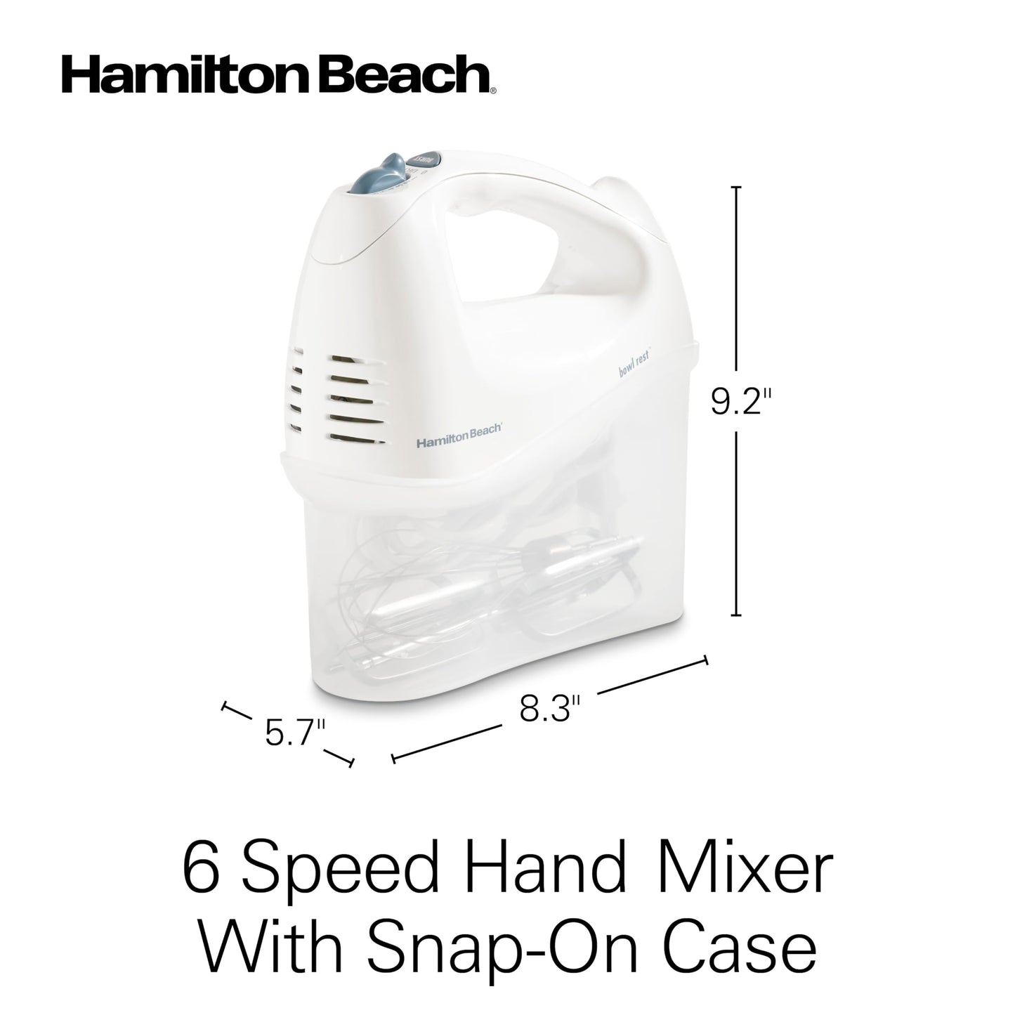 Hamilton Beach 6-Speed Electric Hand Mixer with Whisk, Traditional Beaters, Snap-On Storage Case, 250 Watts, White