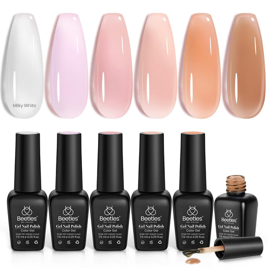 beetles Gel Polish 6 Colors Jelly Gel Nail Polish Set Gift, Milky White Sheer Pink Nude Brown Translucent Soak Off Uv Nail Gel Diy Art for Girls Women Ultimate Monochrome Collection