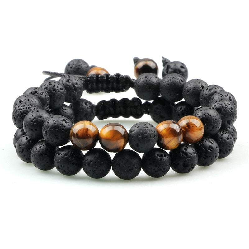 8mm Pulseras de lava negra y Ojo de tigre ajustables