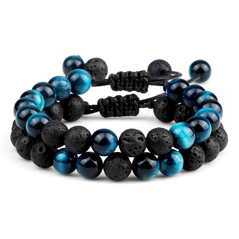 8mm Pulseras de lava negra y Ojo de tigre ajustables