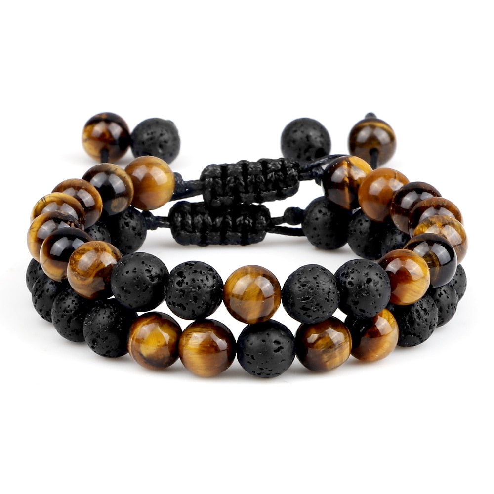 8mm Pulseras de lava negra y Ojo de tigre ajustables