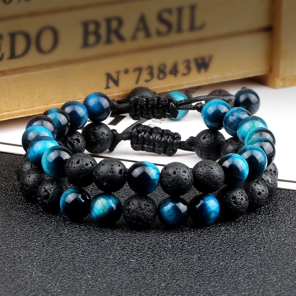 8mm Pulseras de lava negra y Ojo de tigre ajustables