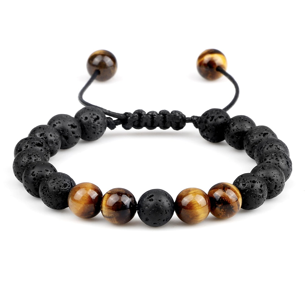 8mm Pulseras de lava negra y Ojo de tigre ajustables