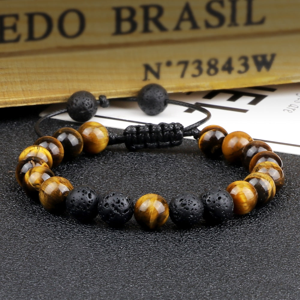 8mm Pulseras de lava negra y Ojo de tigre ajustables
